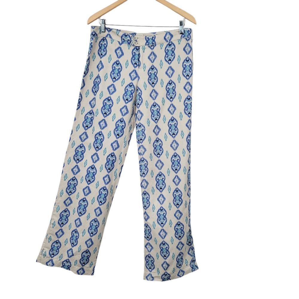 Ecru Linen Blend Patterned Blue and Beige Pants